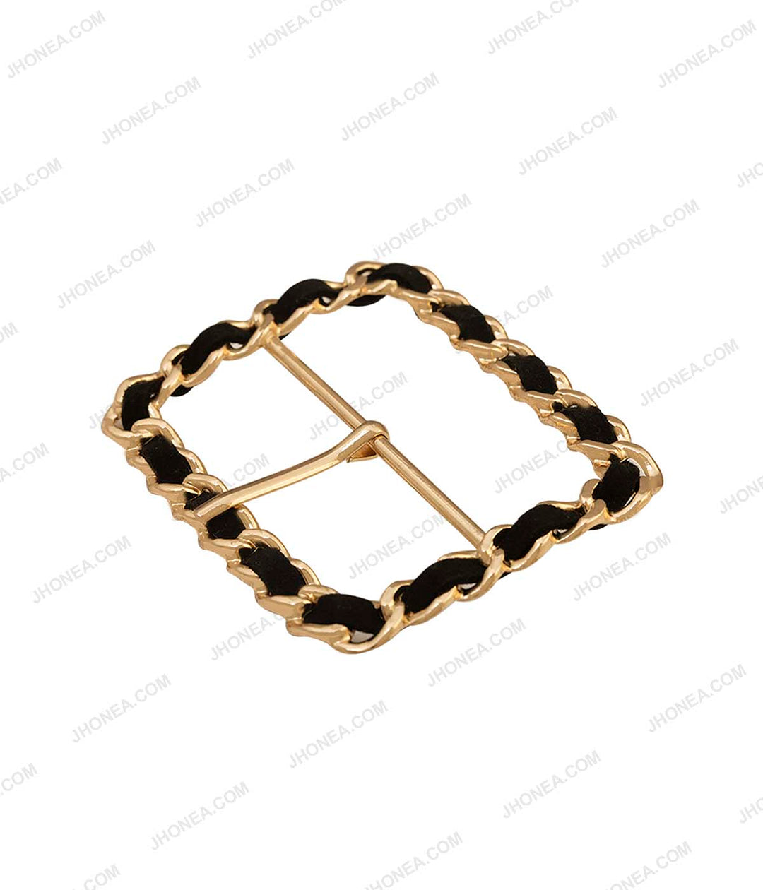 Broad Rectangle Frame Shiny Gold with Black Prong Buckle