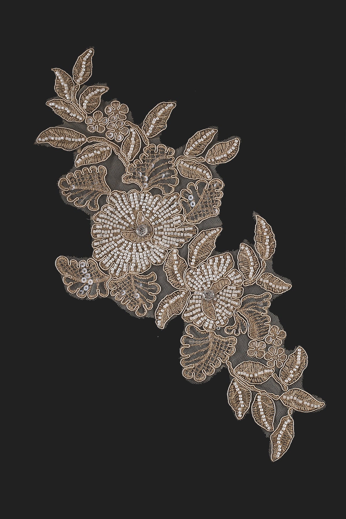 Floral Applique Embroidered Fabric Decoration Beaded Patch in Khaki Color