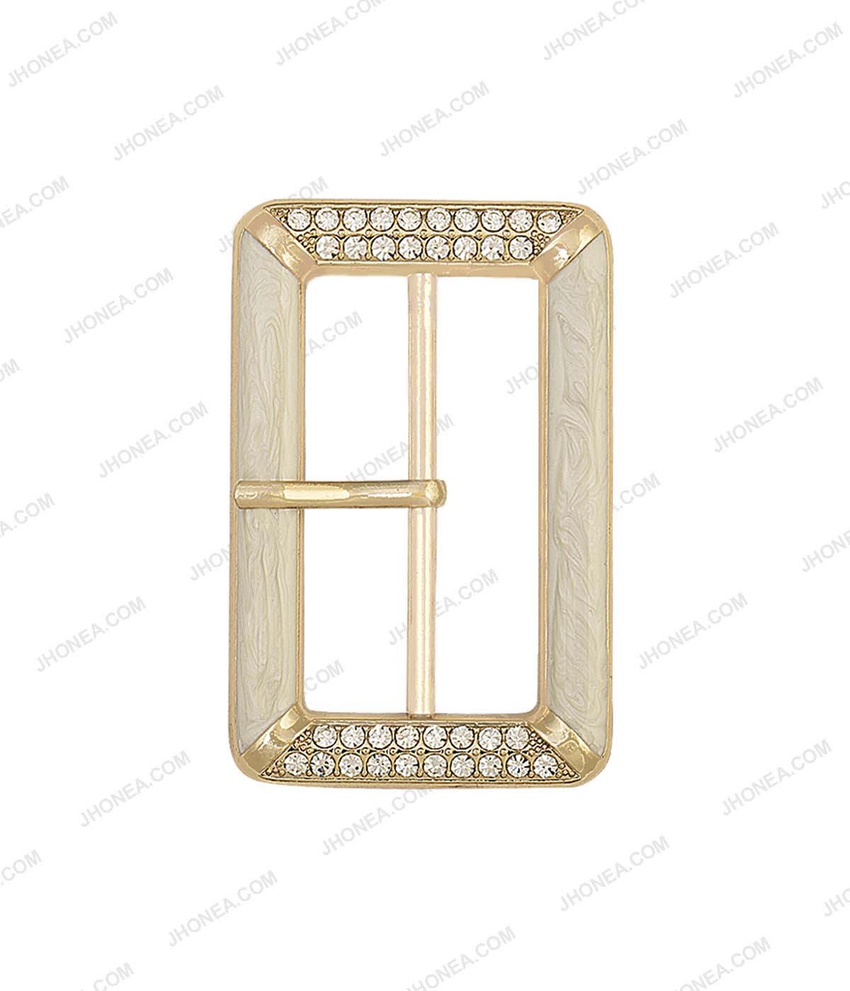 Shiny Gold with White Color Rectangle Marble Effect Diamond Accent Prong Belt Buckle