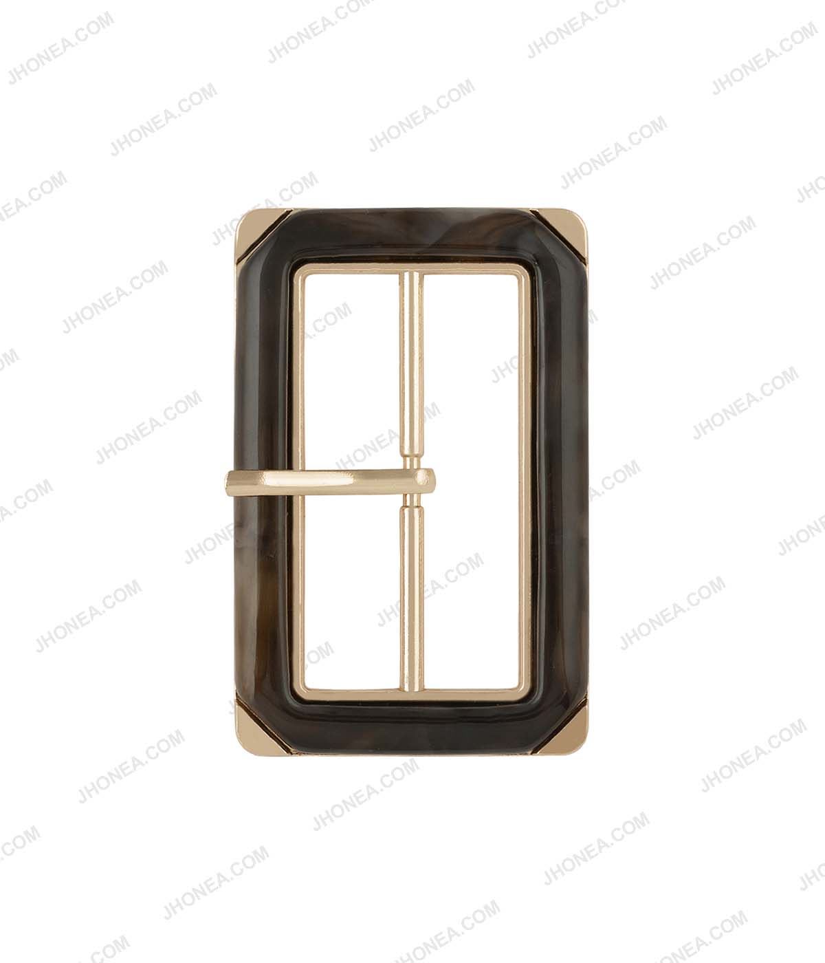 Rectangle Frame Shiny Gold with Horn Effect Accent Prong Belt Buckle