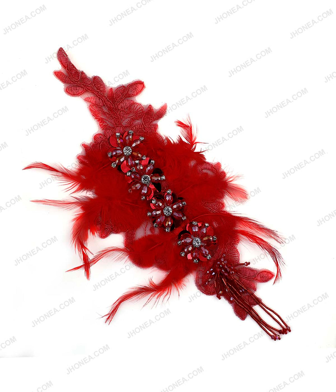Red Color Decorative Designer Diamonds Beaded Tassel Embroidery Patch