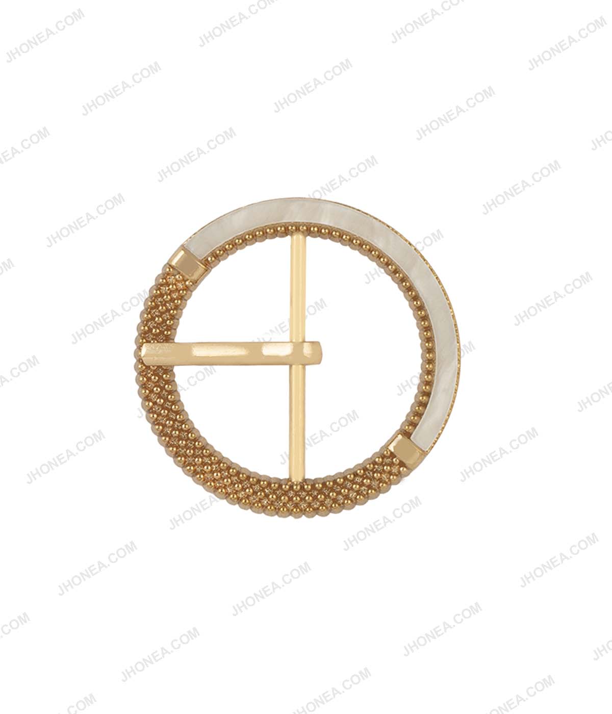 Premium Small Size Dual-tone Natural White Glossy Prong Belt Buckle in Shiny Gold with White Color