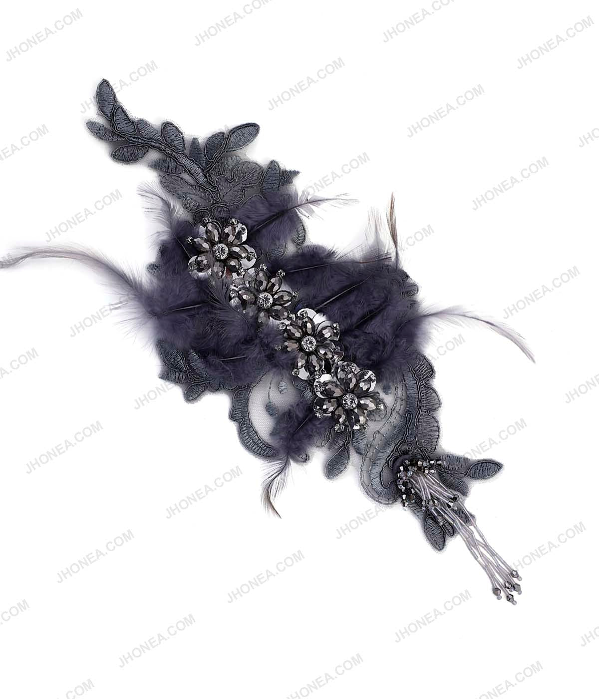 Grey Color Decorative Designer Diamonds Beaded Tassel Embroidery Patch