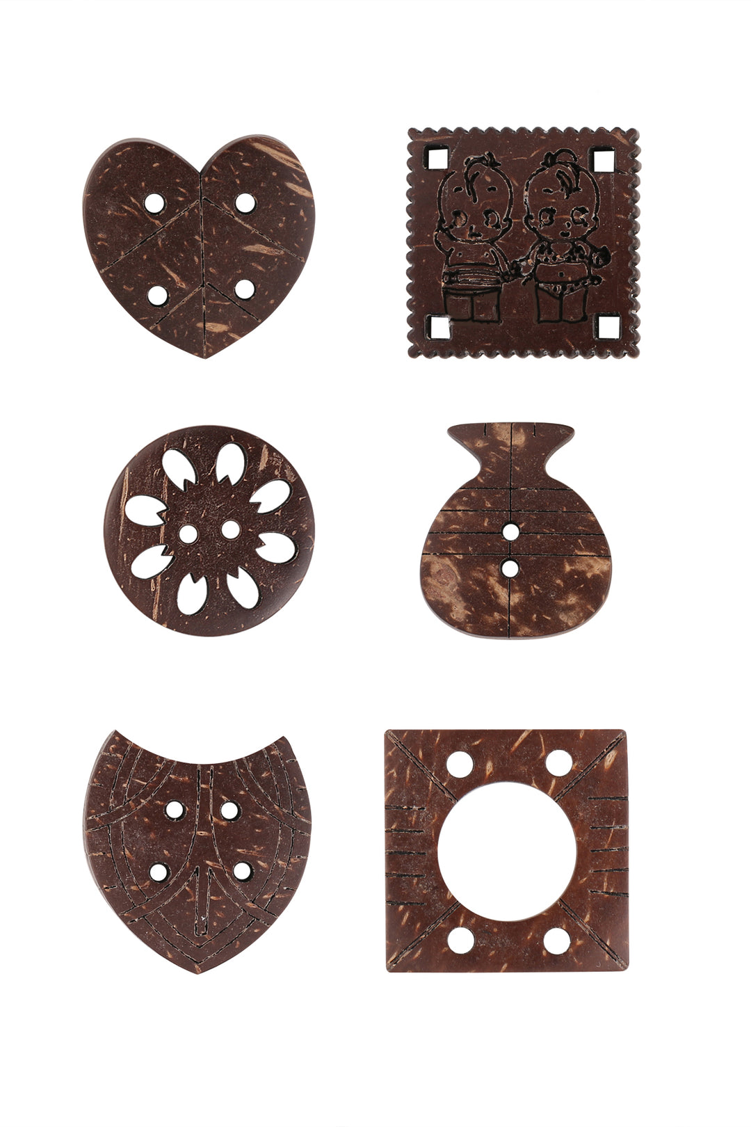 Decorative Set of 6 Combination Different Shapes Brown Coco Buttons