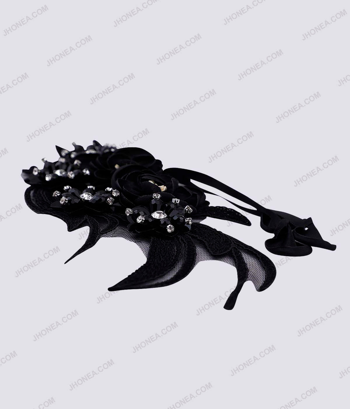 Satin Flowers Beads & Diamonds Embellished Embroidery Patch