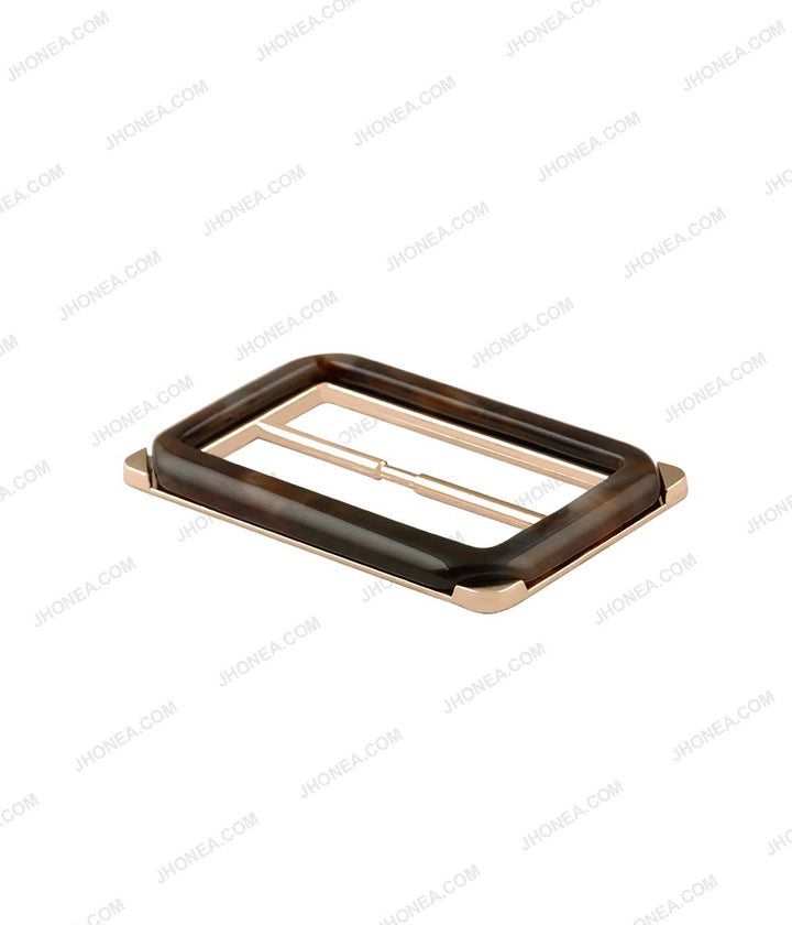 Rectangle Frame Shiny Gold with Horn Effect Accent Sliding Belt Buckle