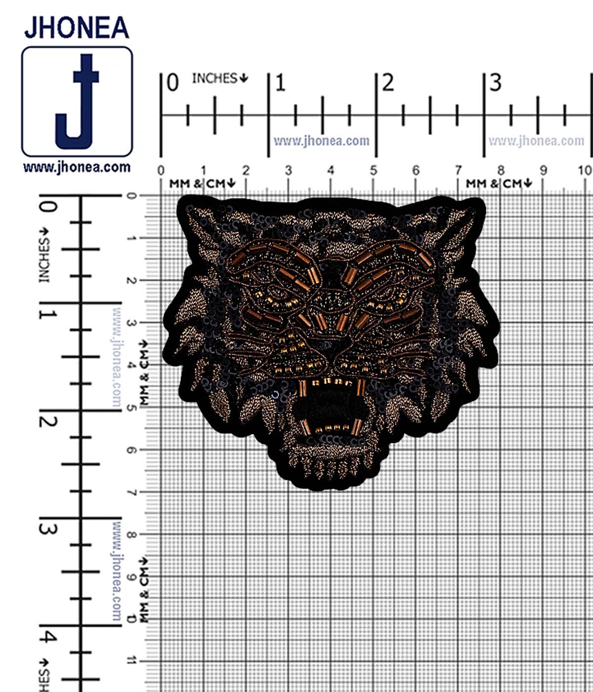Designer Black with Copper Beaded Tiger Face Embroidery Patch