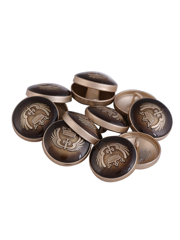Round Shape Matte Gold with Dark Brown Color Engraved Design Lamination Shank Metal Button