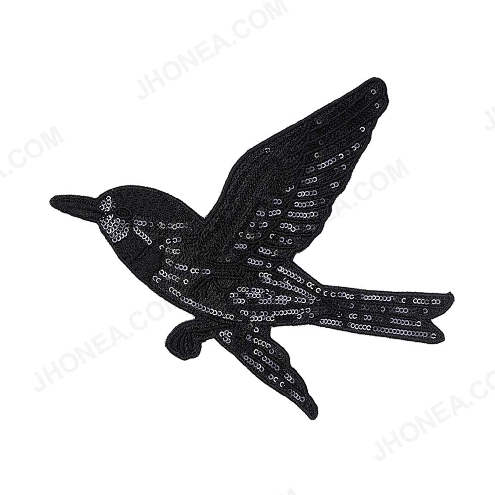 Jhonea Flying Black Sparrow Sequins Embroidery Bird Patch