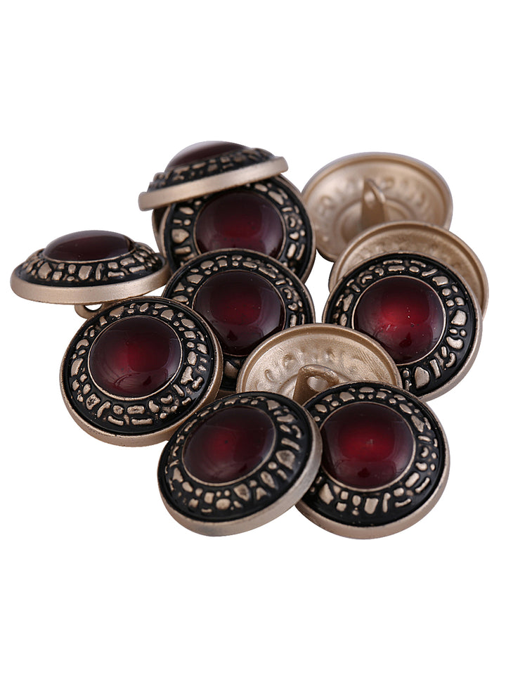 Royal Matte Finish Engraved Design Shank Metal Button in Matte Gold With Red Color