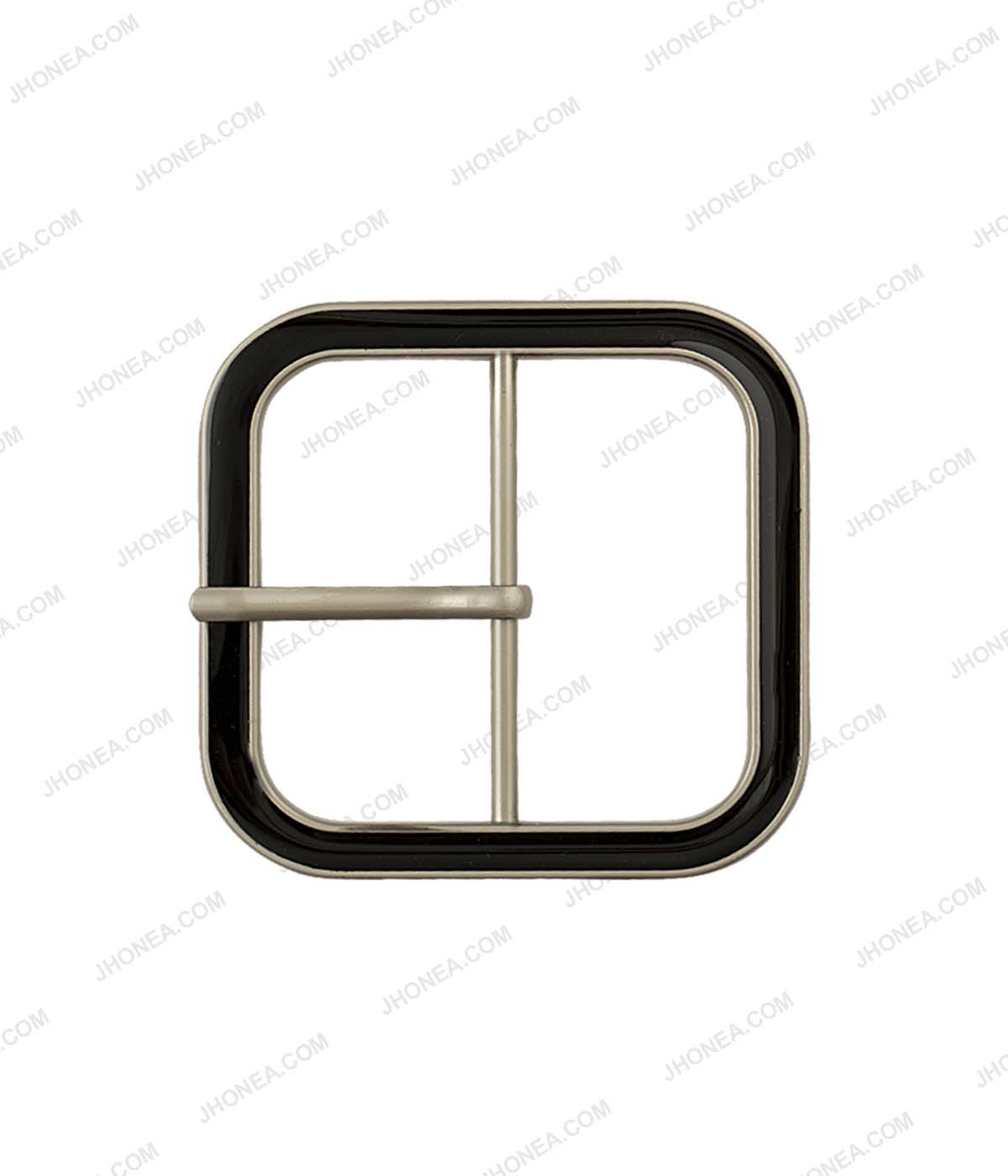 Shiny Glossy Matte Silver with Black Enamel Square Shape Belt Buckle with Prong