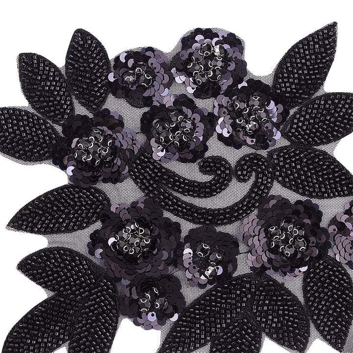 Beautiful Floral Motif Black Beaded Patch for Blazers/Gowns