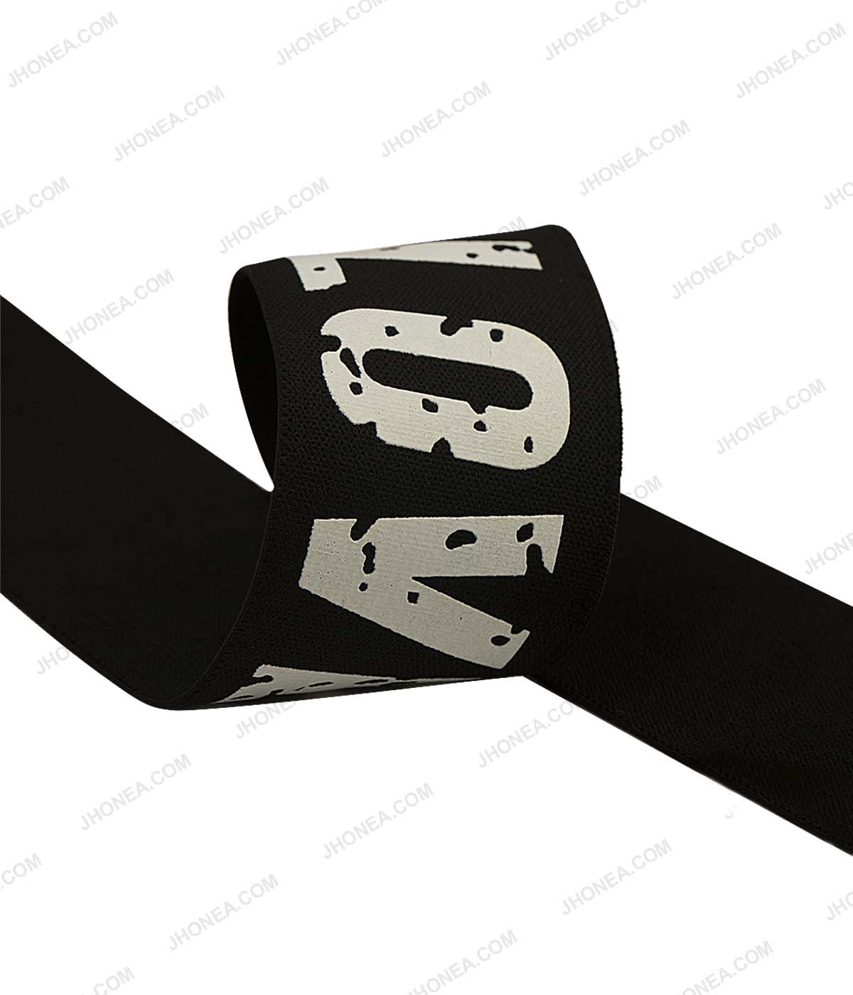5cm Plain Black with White Soft Stretch Printed Woven Elastic