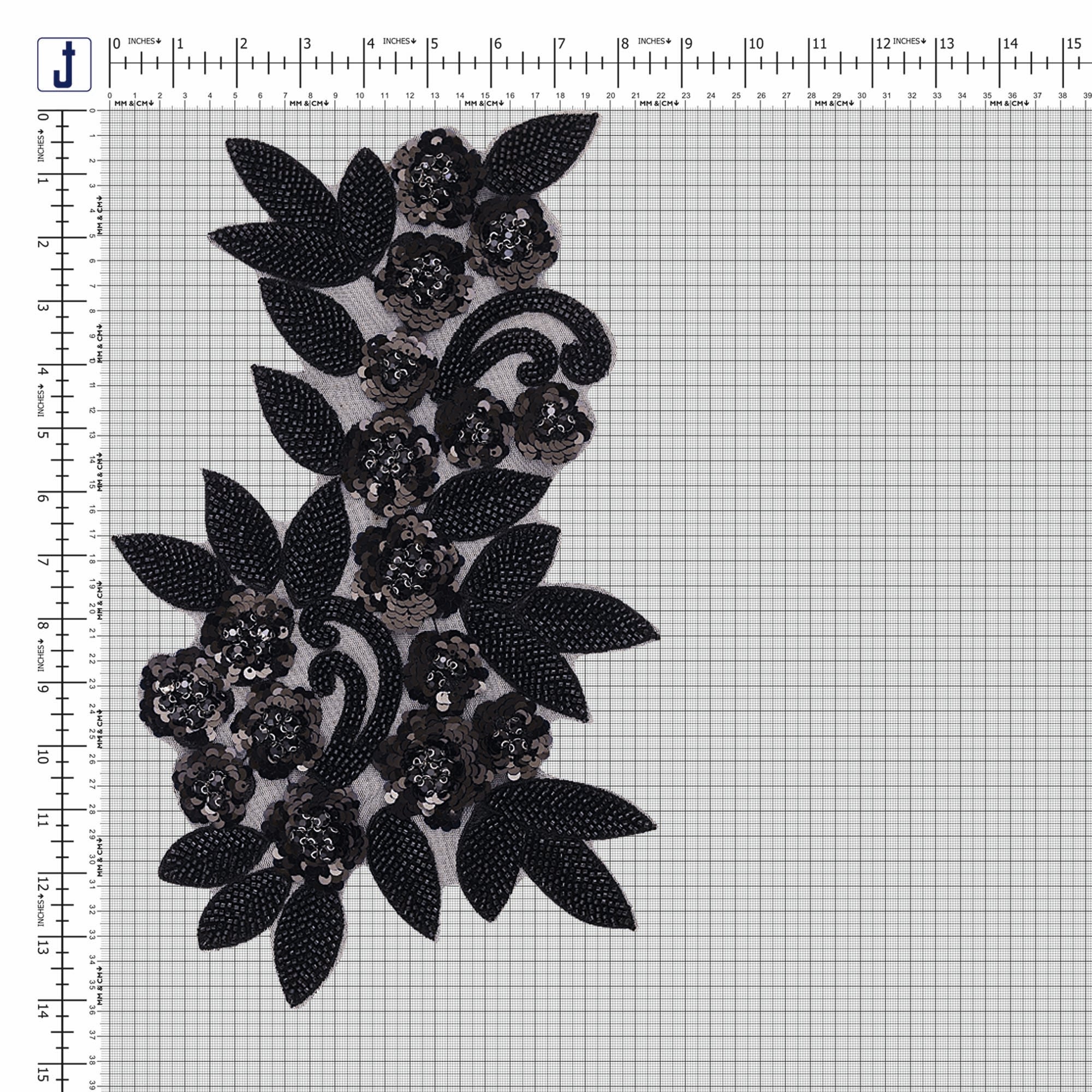 Beautiful Floral Motif Black Beaded Patch for Blazers/Gowns