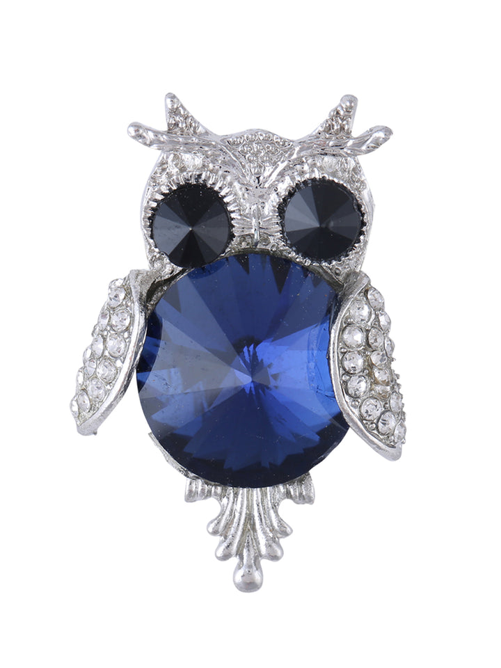 Diamond Studded Silver Owl Unisex Brooch