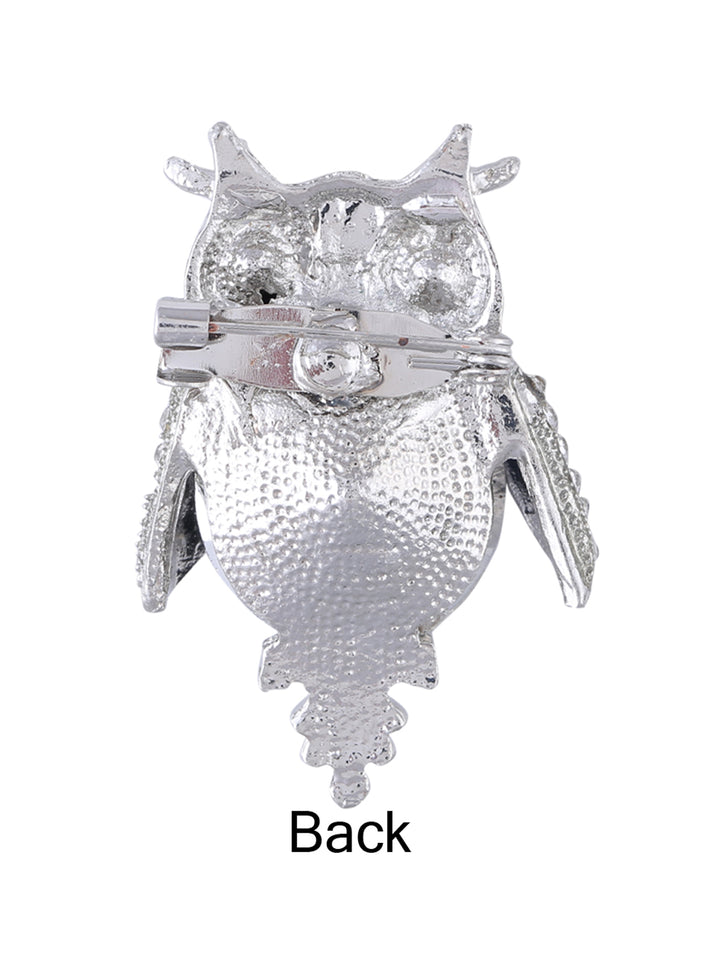Shiny Silver diamond owl pin back brooch 