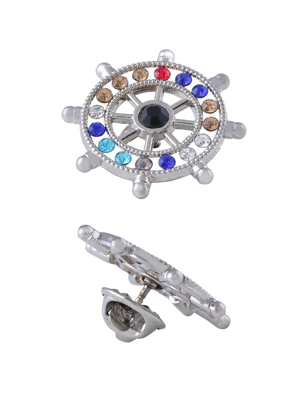 Multicolor Ship Steering Wheel Silver Pin Brooch