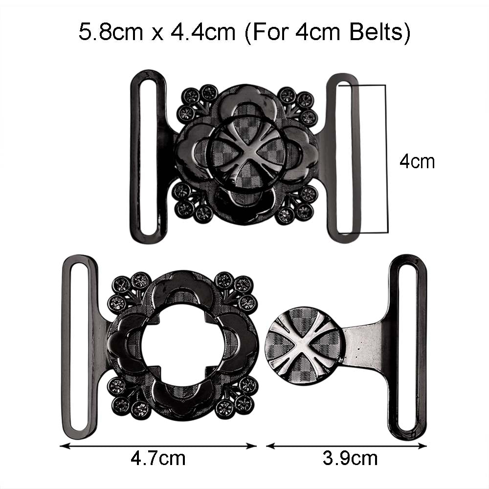 Shiny Black Color Floral Frame Style Closure Clasp 2 Part Belt Buckle