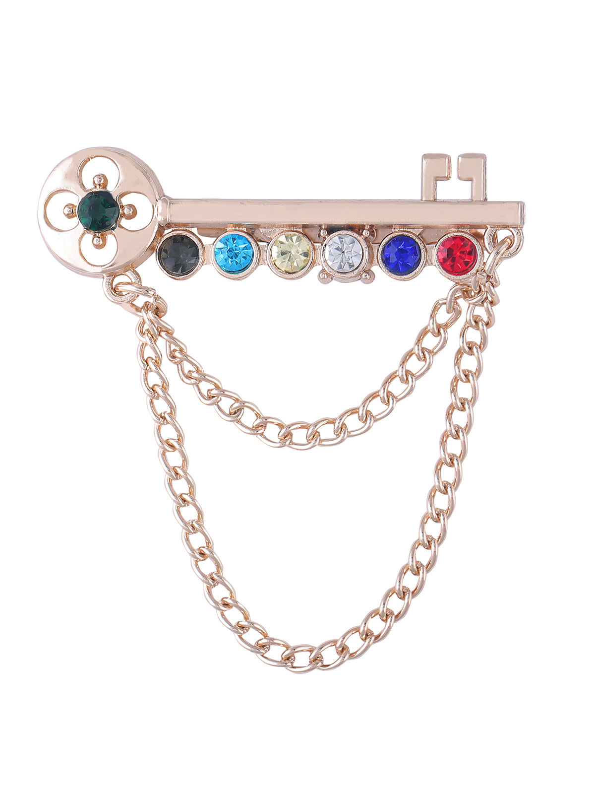 Key Shaped Multicoloured Brooch with Chain Hanging in Golden Color