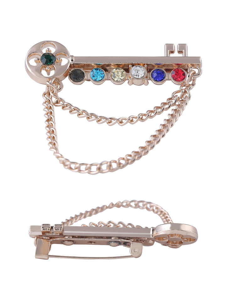 Key Shaped Multicoloured Brooch with Chain Hanging