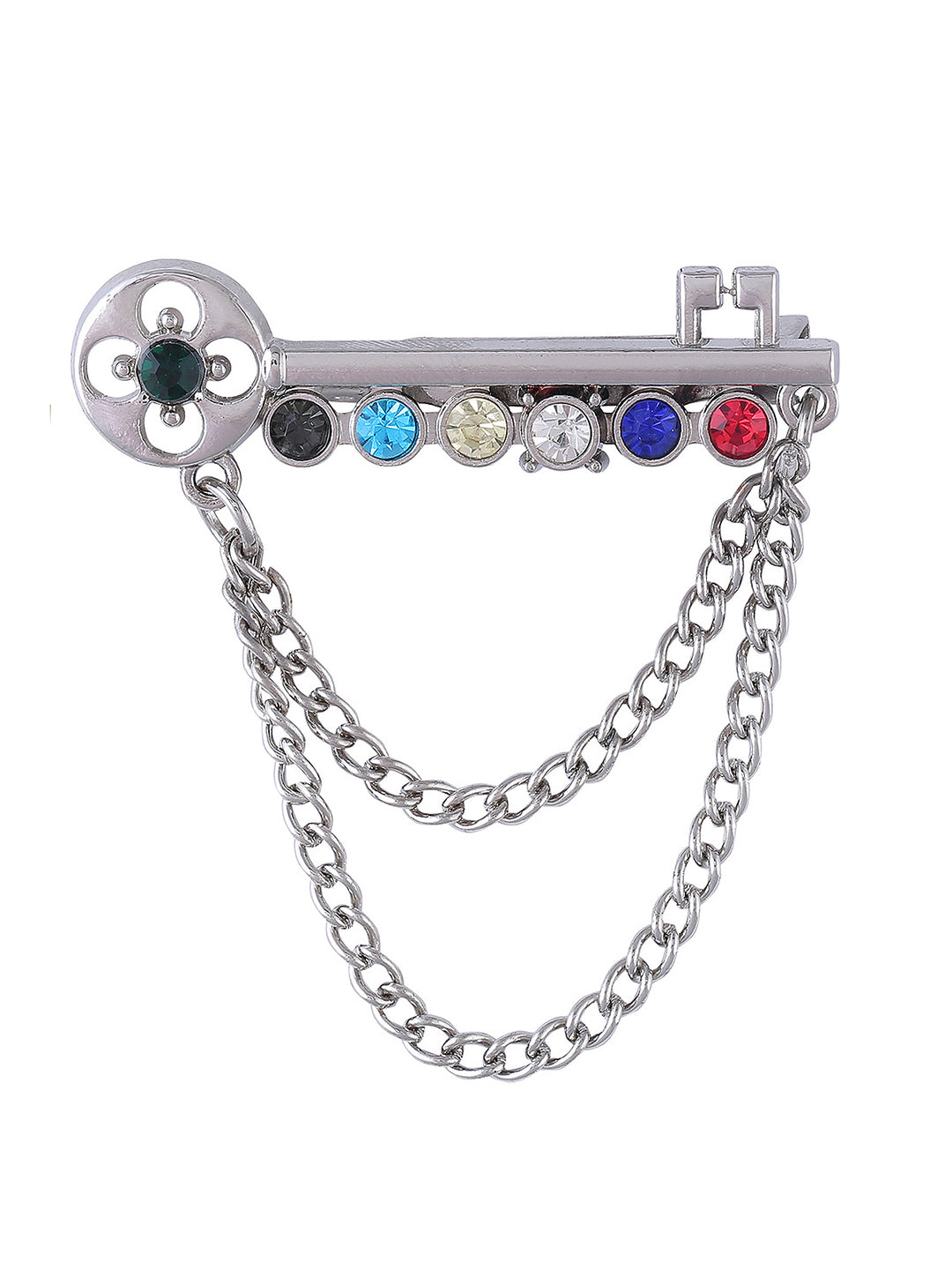 Key Shaped Multicoloured Brooch with Chain Hanging in Silver Color