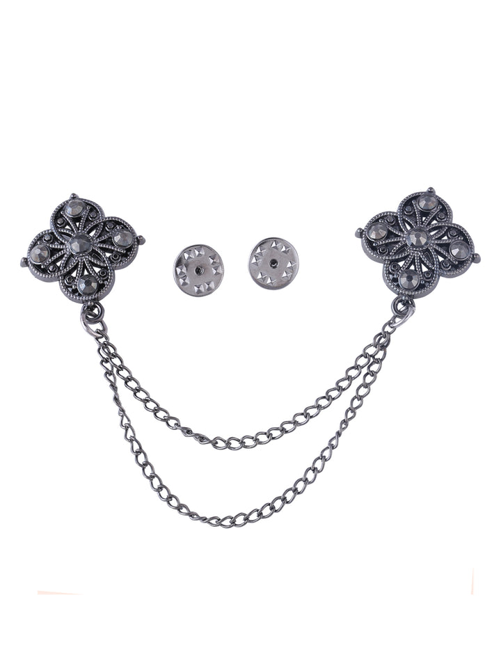 Traditional Double Chain Hanging Flower Brooch in Black Nickel (Gun Metal) Colour