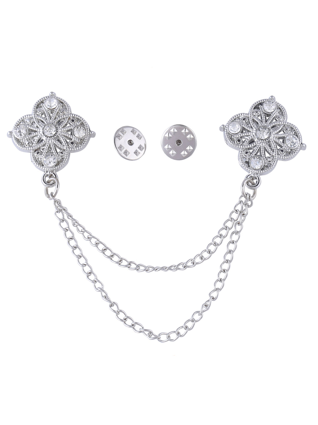 Traditional Double Chain Hanging Flower Brooch in Silver Colour