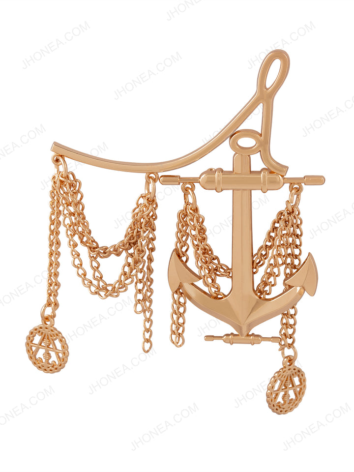 Outstanding Shiny Gold Anchor with Chain Men's Brooch