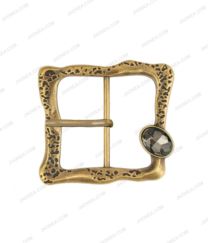 Uneven Square Shape Diamond Studded Antique Brass Belt Buckle
