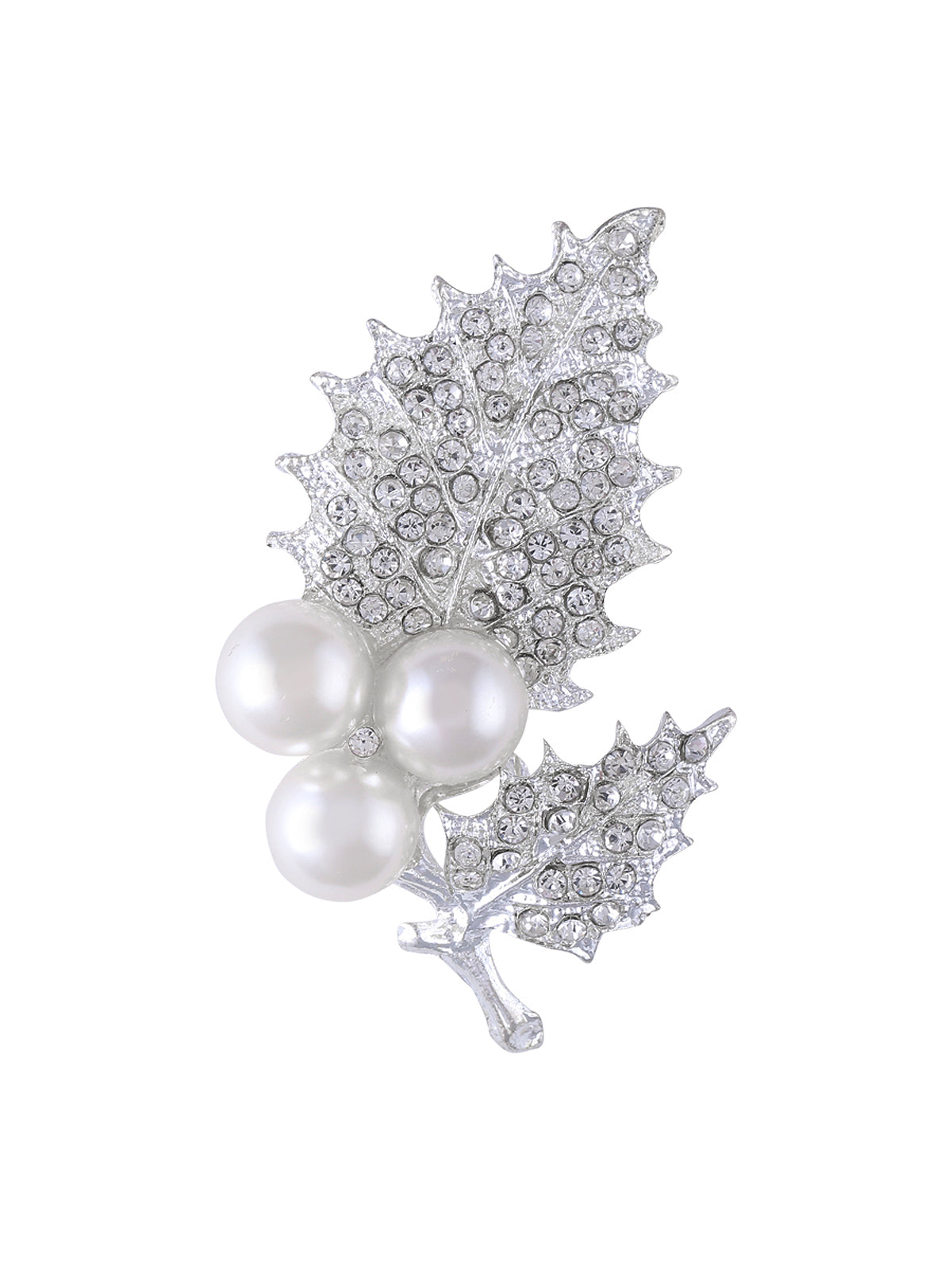 Diamond & Pearl Leaf Shape Christmas Brooch in Silver Color