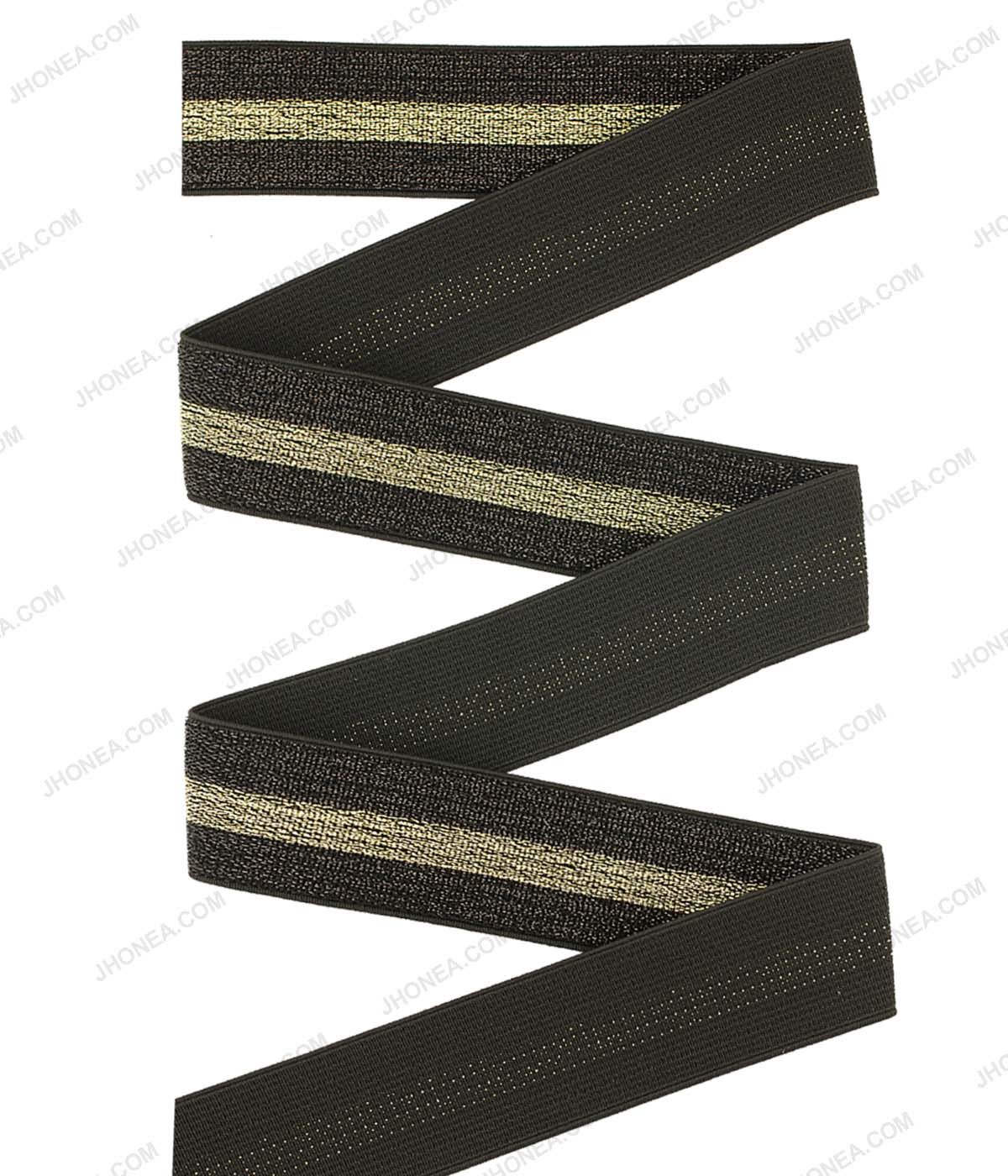 Shiny Metallic 1.5inch wide Fancy Lurex Knit Elastic for Party Wear in Black with Gold Color