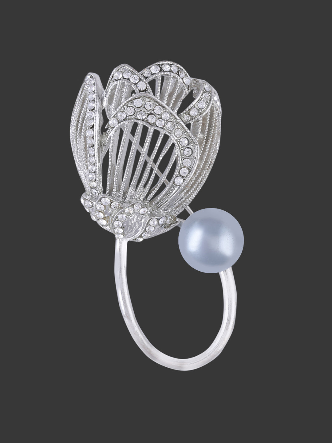 Rose Flower Diamond & Pearl Silver Brooch