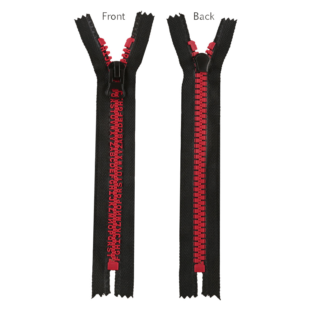 Sporty Closed-End Molded Plastic Alphabet Zipper in Black with Red Color