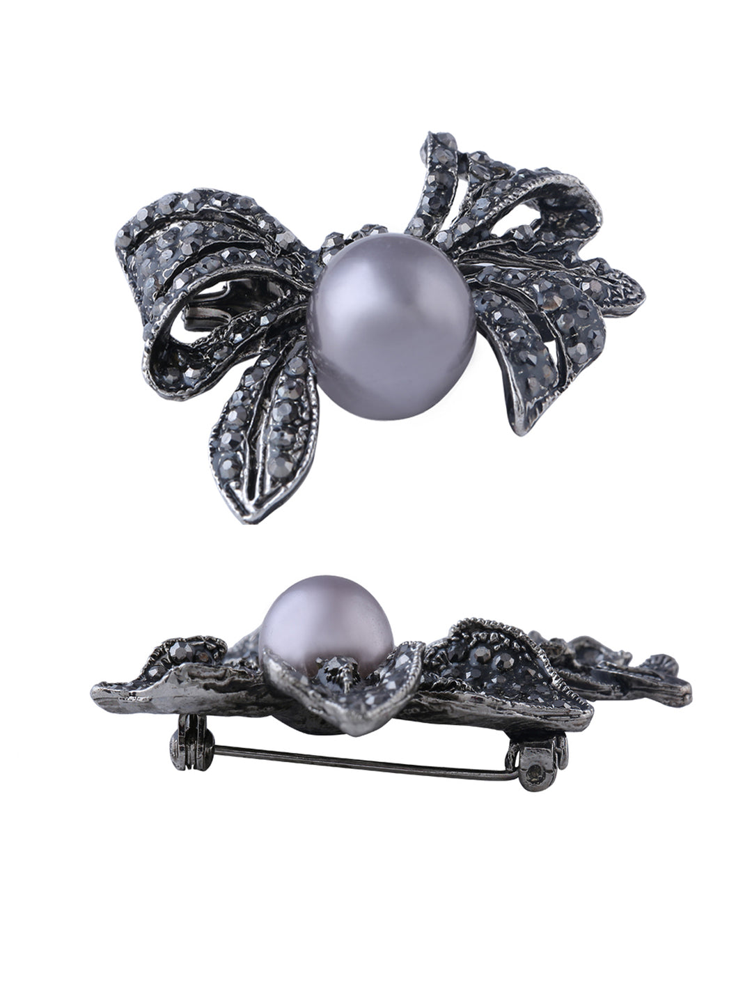 Bow-Knot Design Diamond And Pearl Exquisite Black Nikel (Gunmetal) Brooch Pin