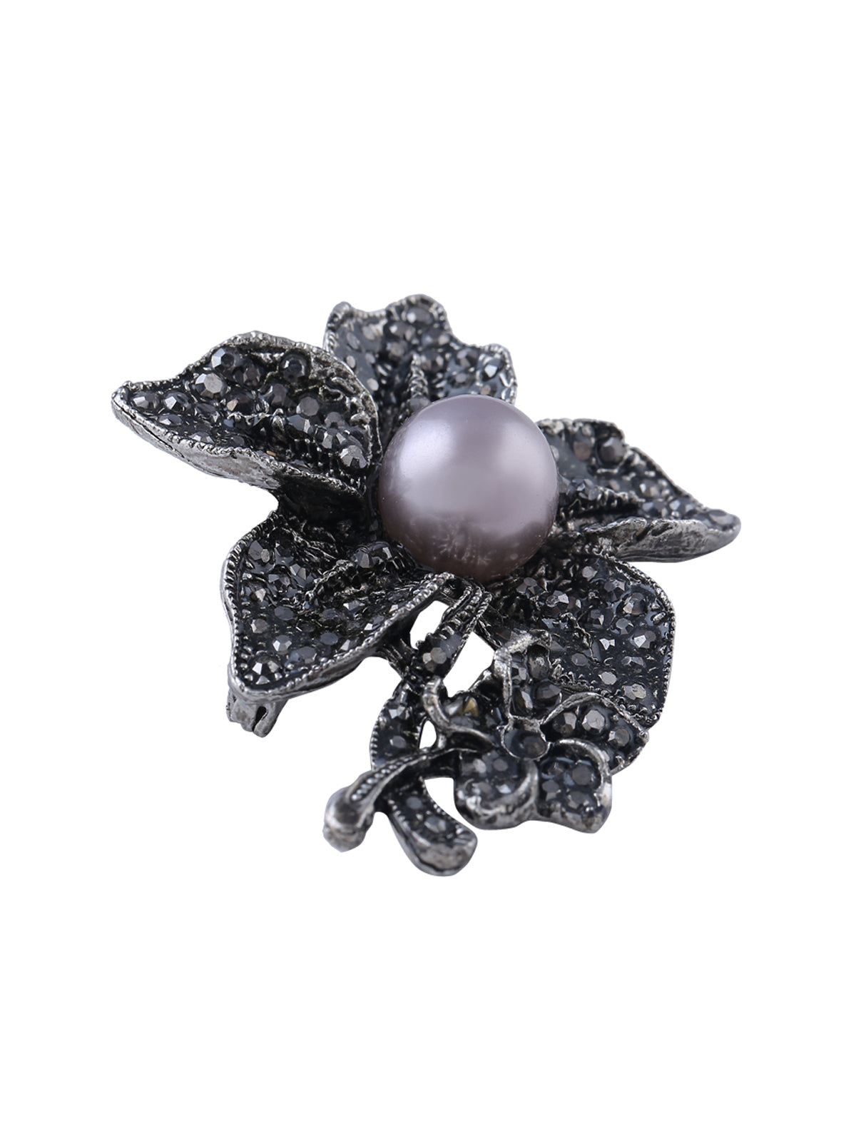 Exquisite Sparkling Diamonds Silver Grey Pearl Flower Pin Brooch