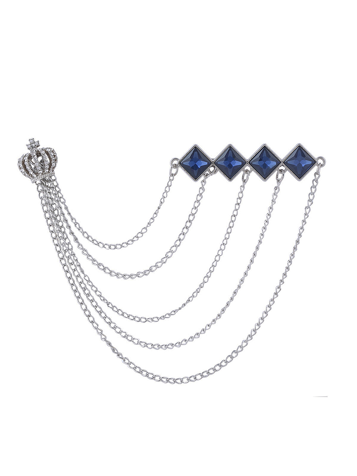 Diamond Crown & Chain Attractive Brooch Pin Silver with Blue Color
