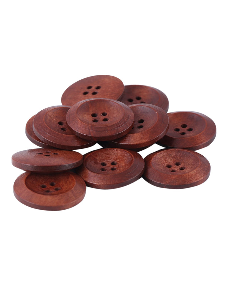 Brown Colour Round Shape 4 Hole Wide Rounded Rim Wooden Button - Jhonea Accessories