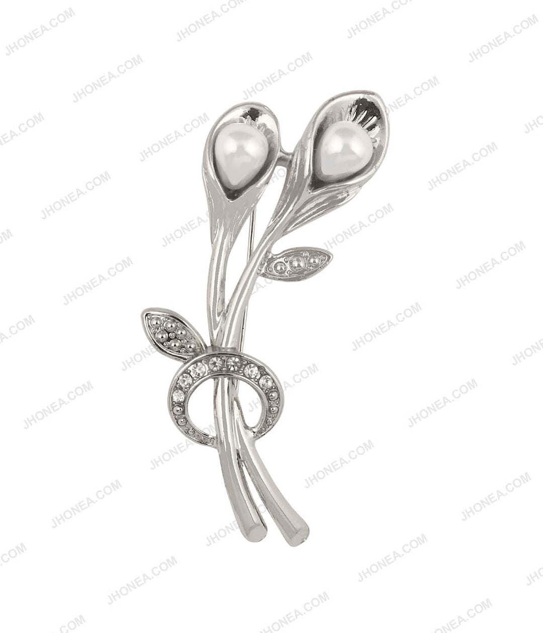 Sparkling Diamond & Faux Pearl Flower Bouquet Brooch in Shiny Silver Color