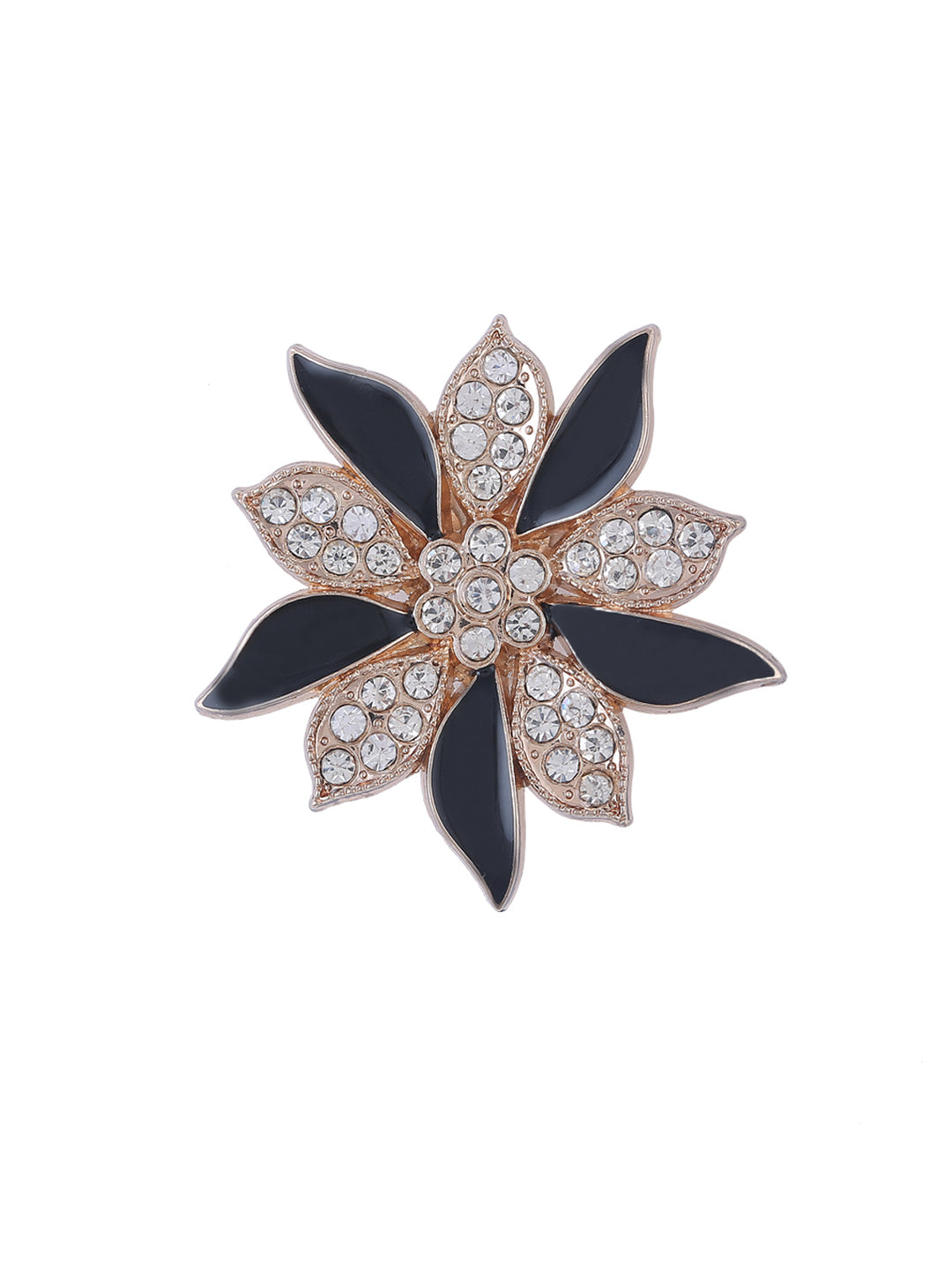 Golden with Black Enamel Diamond Flower Brooch Pin