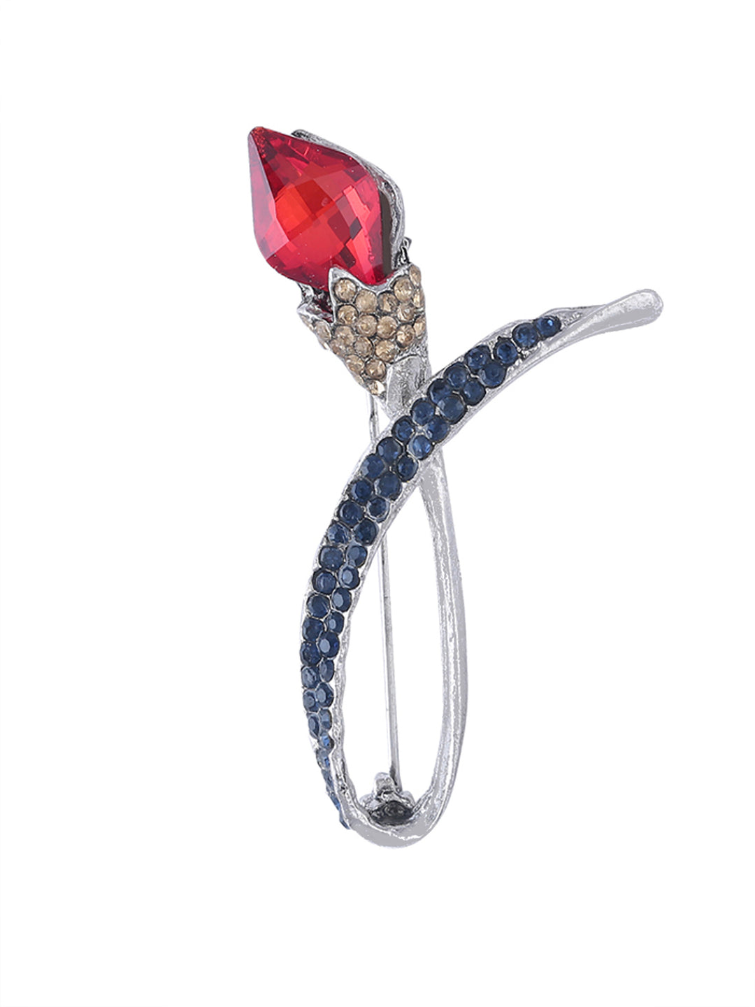 Red Rose Head Diamond Flower Silver Brooch Pin
