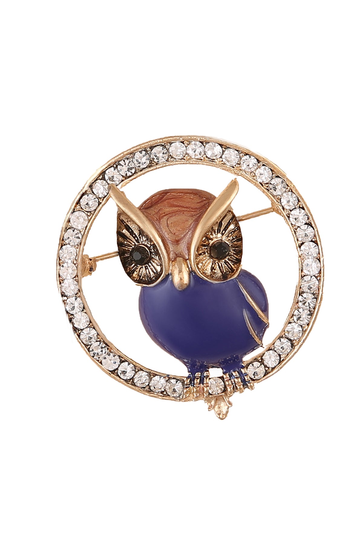 Enamel Owl Bird On Diamond Round Shape Ring Brooch