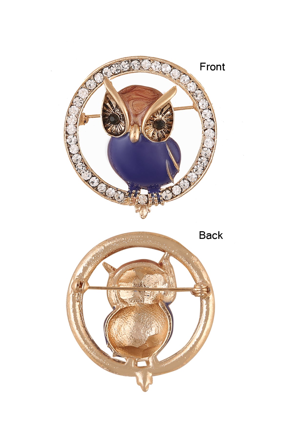 Enamel Owl Bird On Diamond Round Shape Ring Brooch