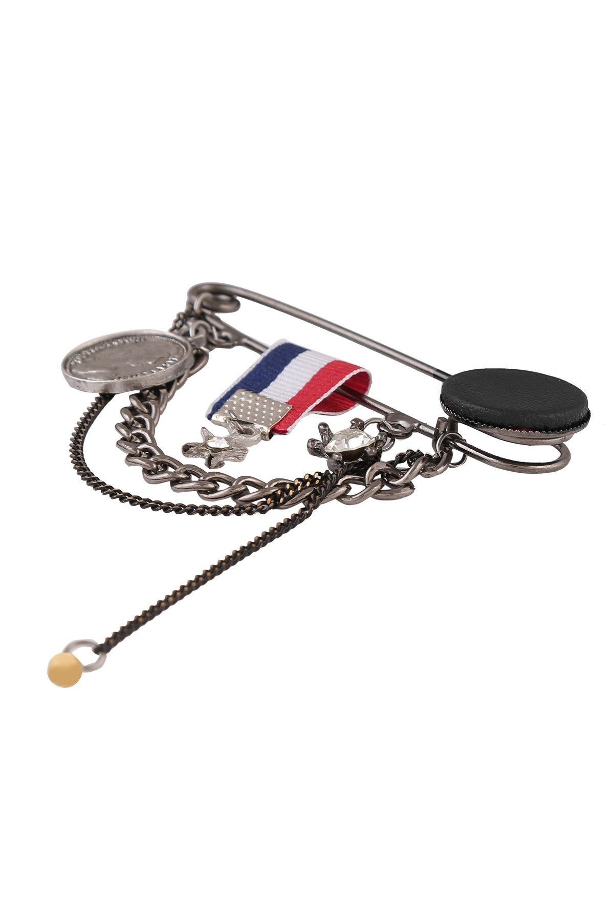 Elegant Flag and Coin Chain Hanging Black Nickel Safety Pin Brooch