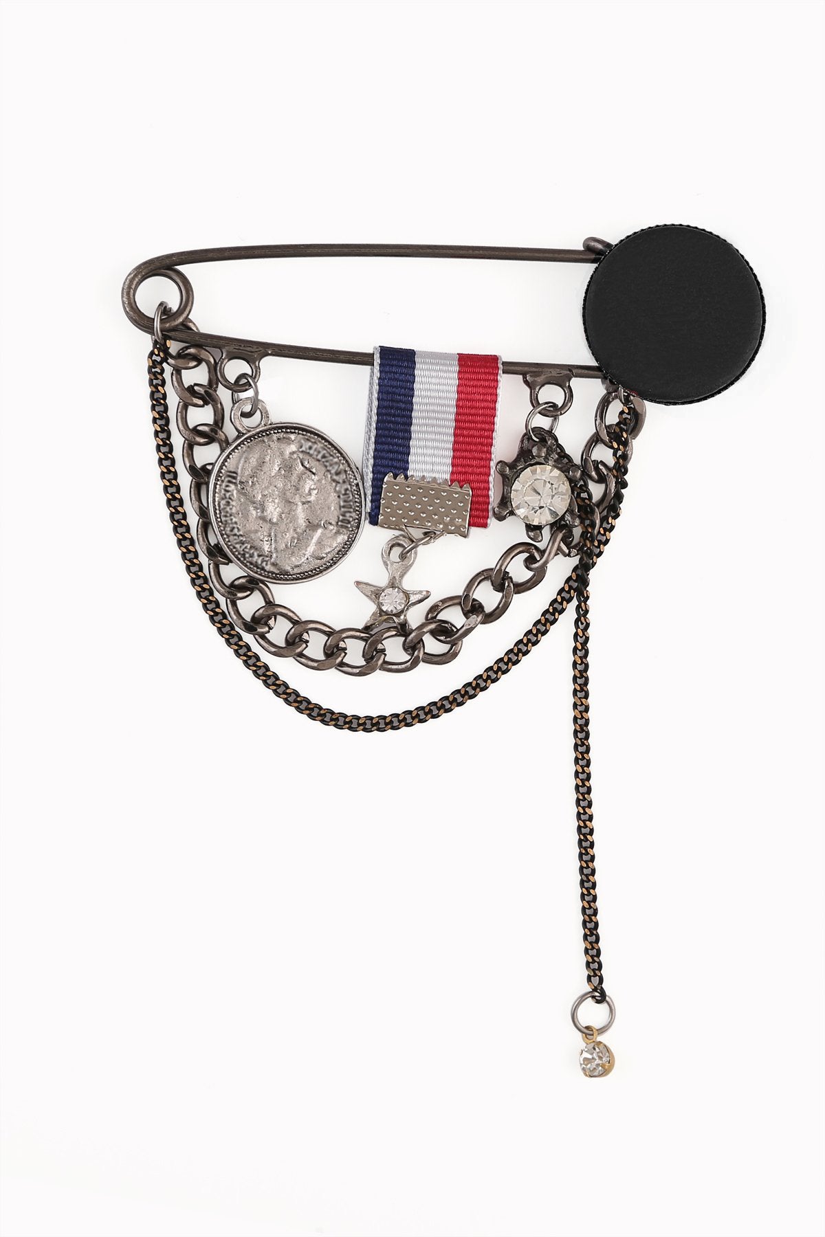 Elegant Flag and Coin Chain Hanging Black Nickel Safety Pin Brooch