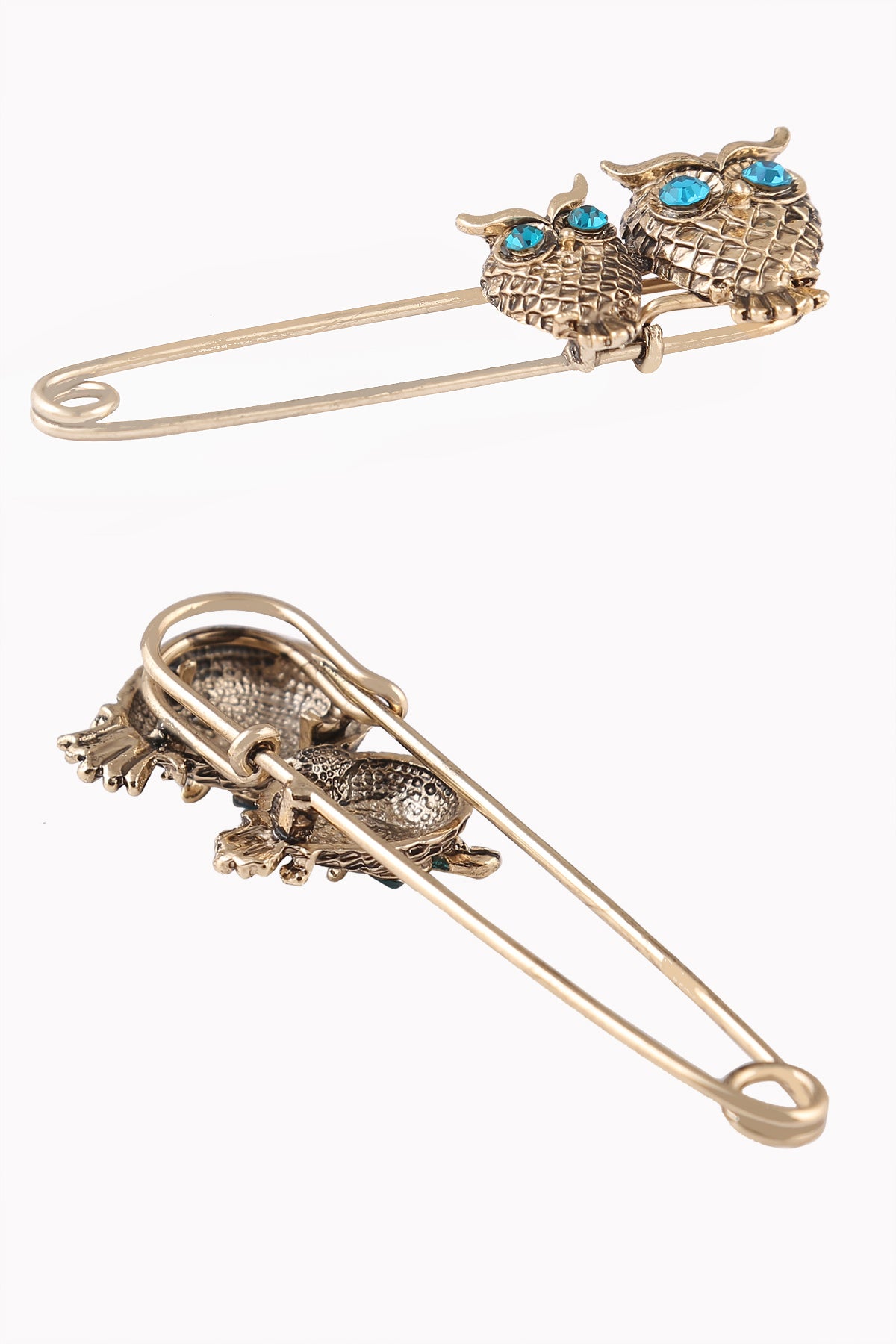Vintage Style Antique Gold Double Owl Bird Metal Safety Pin Brooch