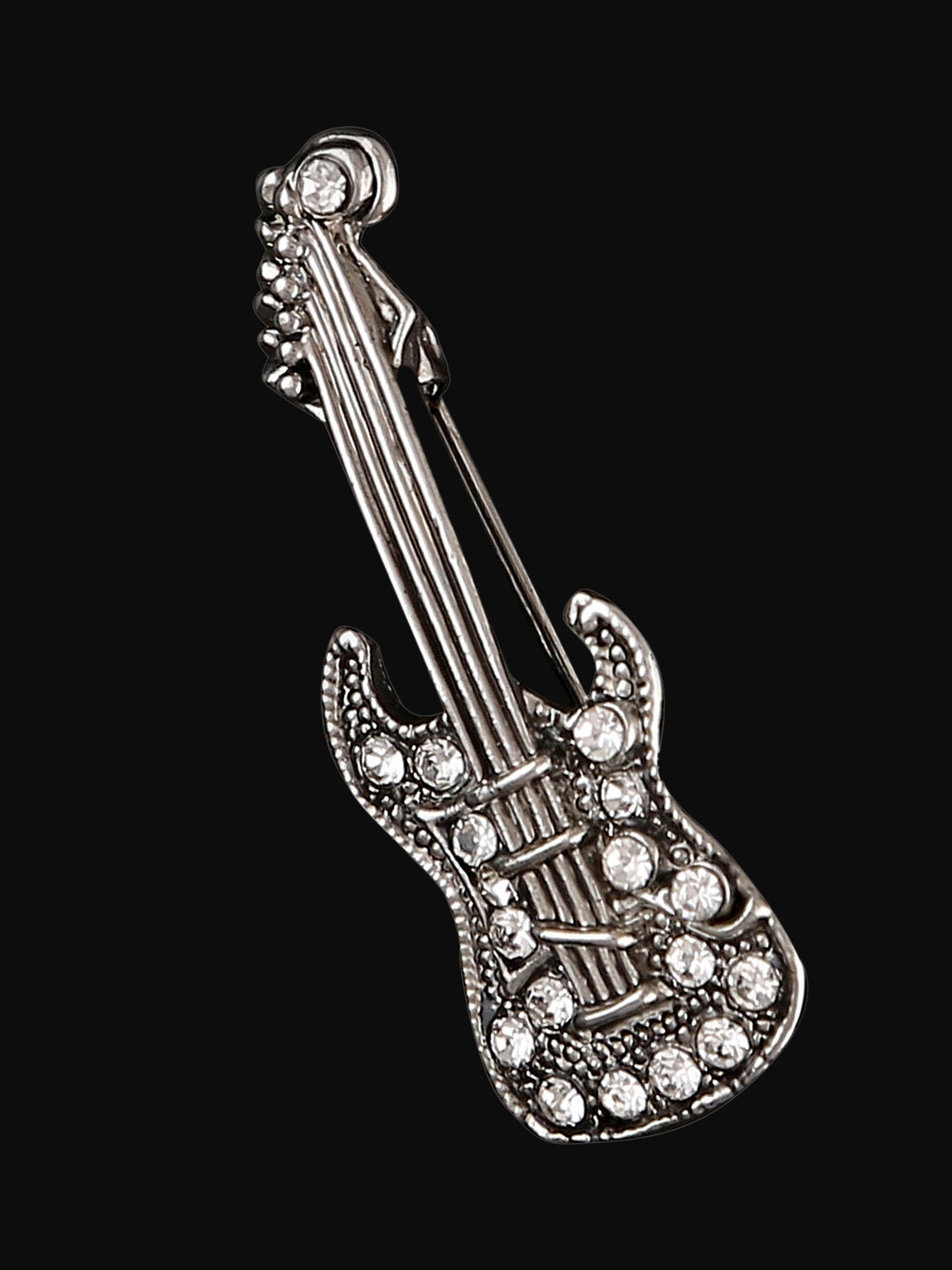 Clear Crystal Guitar Brooch Pin In Antique Silver Tone finish