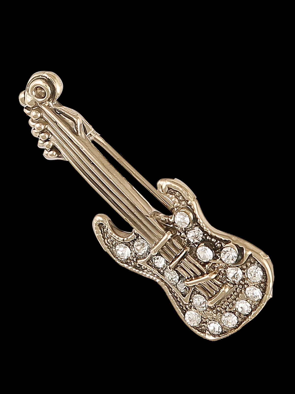 Clear Crystal Guitar Brooch Pin In Antique Gold Tone finish