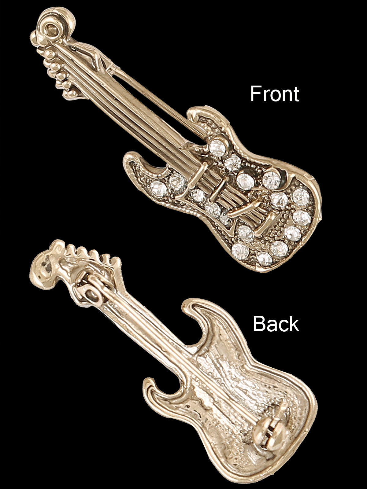 Clear Crystal Guitar Brooch Pin In Antique Gold & Antique Silver Tone finish