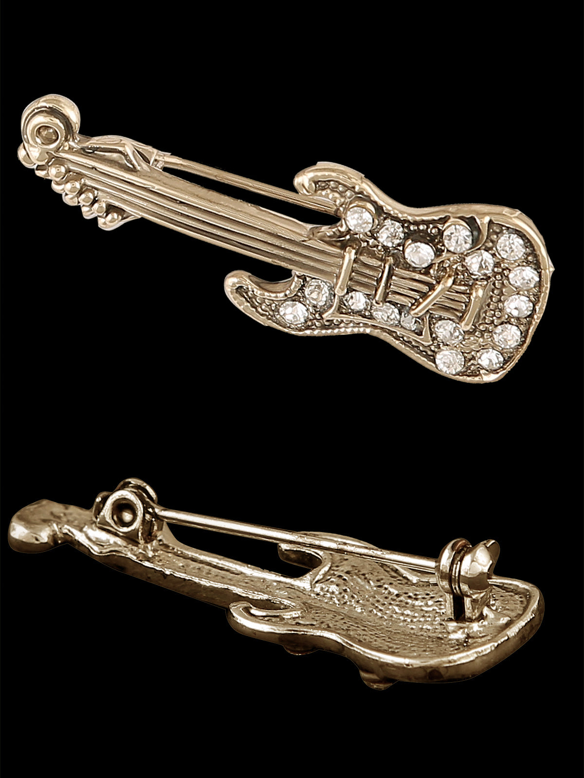 Clear Crystal Guitar Brooch Pin In Antique Gold & Antique Silver Tone finish