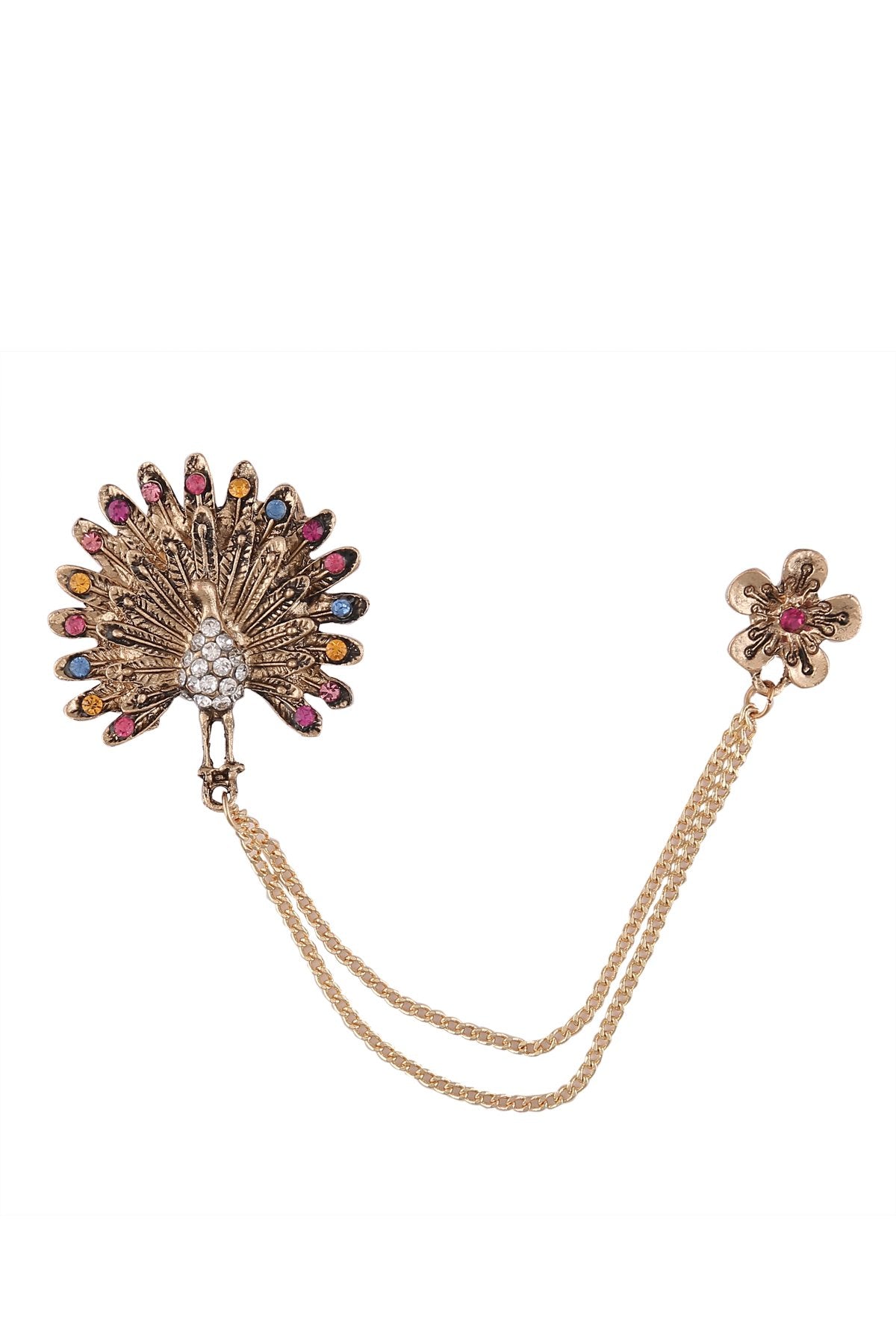 Antique Gold Decorative Multicolour Diamond Peacock Chain Brooch